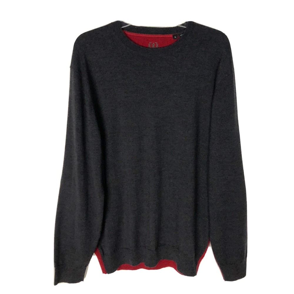 Bugatchi Size XL Gray/red‎ 100% merino wool Crew Neck sweater pullover